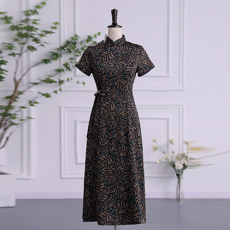 Vintage Auspicious Clouds Leaf Print Cheongsam Dress Women's Qipao Dress