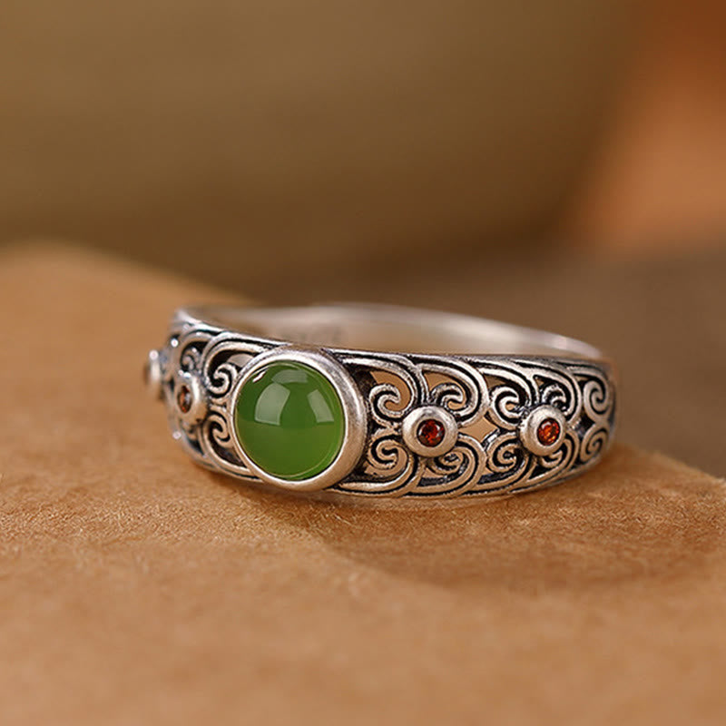 925 Sterling Silver Hetian Cyan Jade Harmony Adjustable Ring