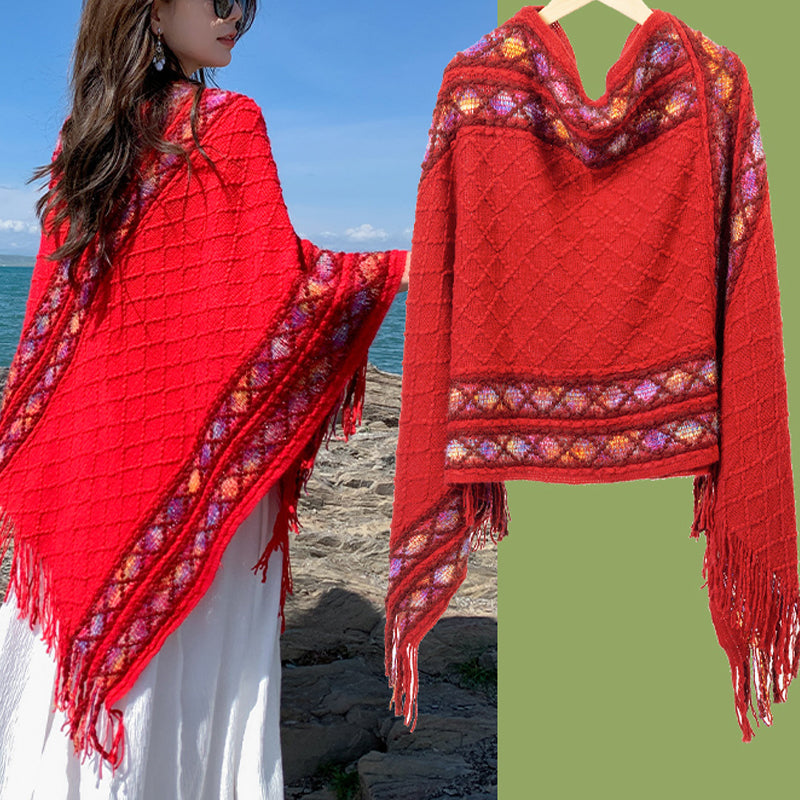 Tactile Knit Geometric Tassel Meditation Shawl Pullover