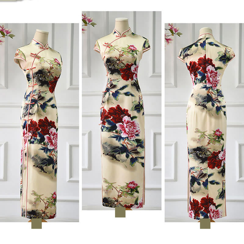 Tactile Knit Peony Print Mindful Ritual Cheongsam Dress
