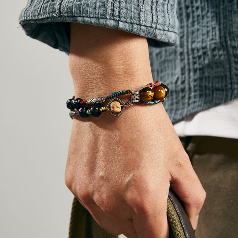 Handmade Tiger's Eye, Bodhi Seed & Coconut Shell 925 Sterling Silver Beaded Bracelet