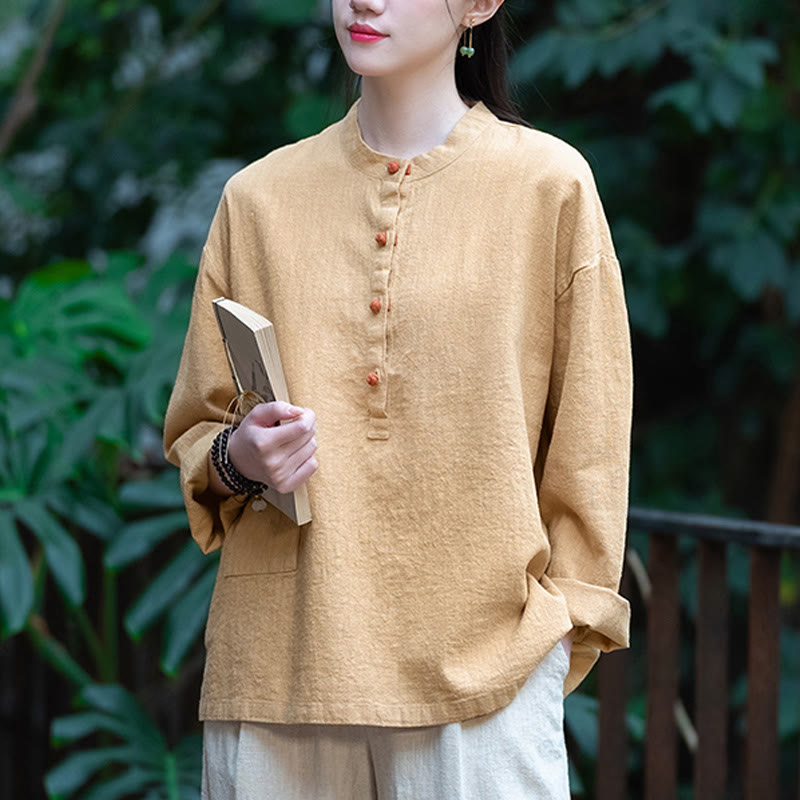Solid Color Loose Button Blouse Long Sleeve Shirt Top