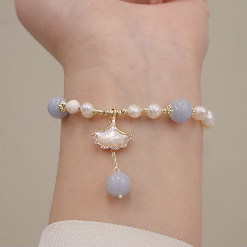 Natural Aquamarine Pearl Seashell Charm Bracelet with Ginkgo Leaf or Butterfly Accents