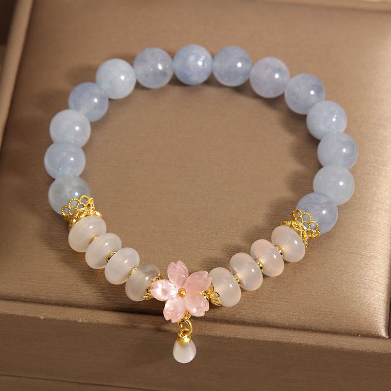 Aquamarine & White Agate Pearl Abacus Bead Bracelet with Floral Charm