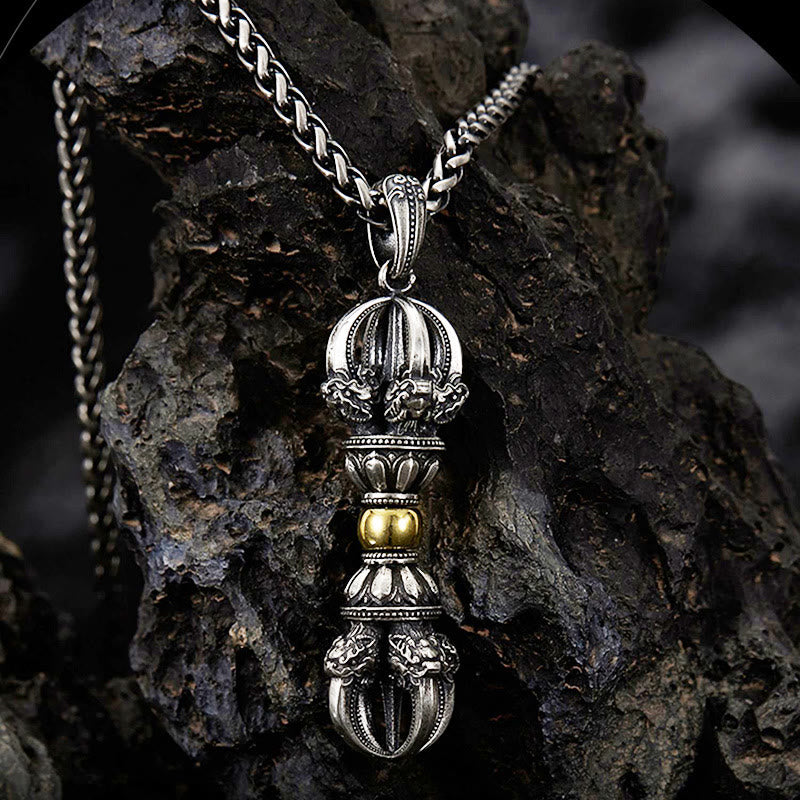 Tibetan Vajra Sterling Silver and Copper Pendant Necklace for Men and Women