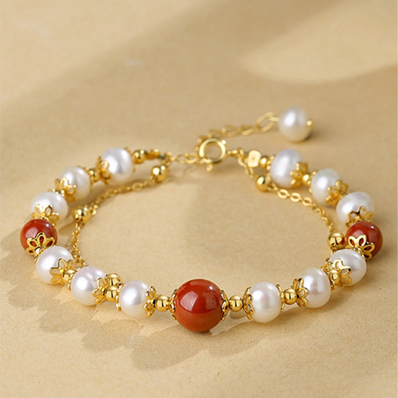 925 Sterling Silver Pearl Cinnabar Wisdom Bead Double Layer Chain Bracelet