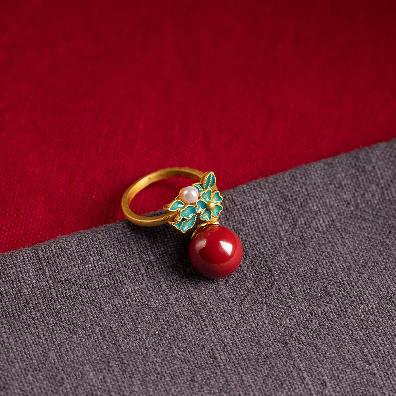 925 Sterling Silver Plated Gold Cinnabar Pearl Flower Blessing Necklace Pendant Earrings Ring Set