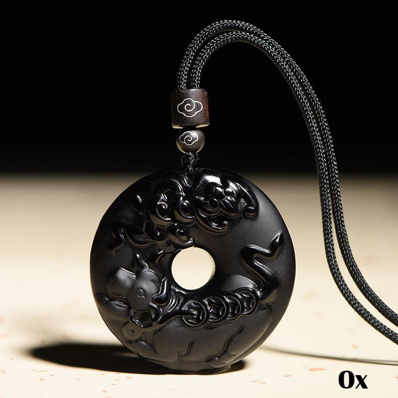 Chinese Zodiac Natural Black Obsidian Peace Buckle Strength Necklace Pendant
