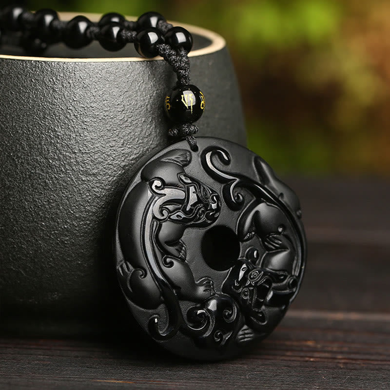 Natural Black Obsidian Peace Buckle Pixiu Bead Rope Strength Necklace Pendant