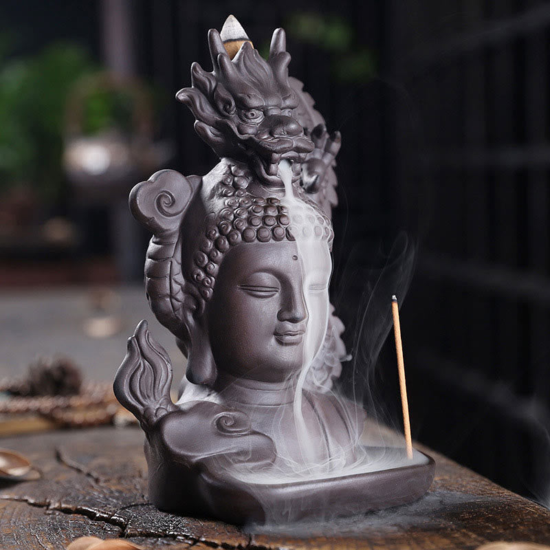 Dragon Buddha Auspicious Clouds Purple Clay Healing Incense Burner Decoration