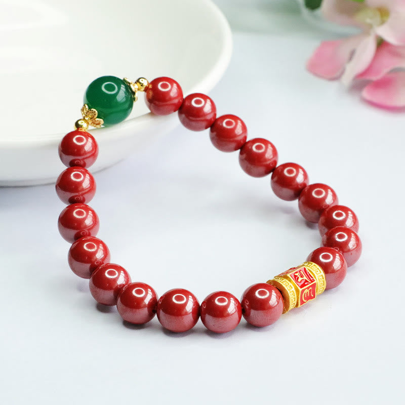 Natural Cinnabar and Green Agate Om Mani Padme Hum Inscribed Bead Bracelet