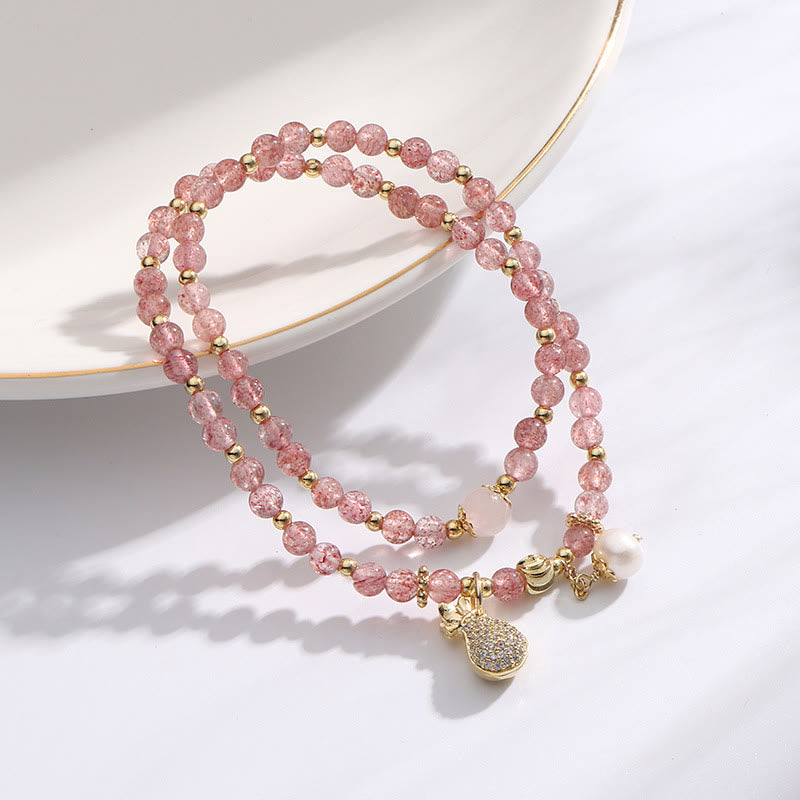 Strawberry Quartz Money Bag Positive Charm Double Wrap Bracelet