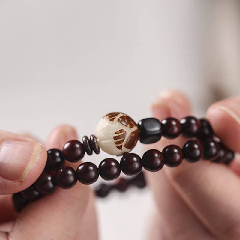 Carved Red Sandalwood and Lotus Bodhi Seed Double Wrap Bracelet