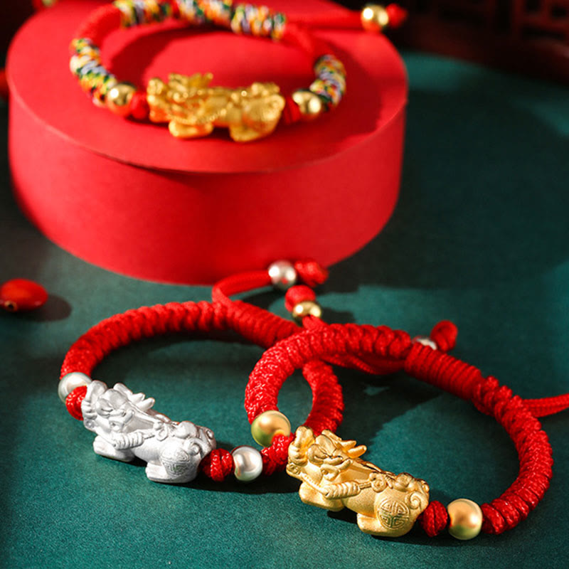999 Sterling Silver Pixiu Red String Braided Vajra Knot Bracelet for Kids