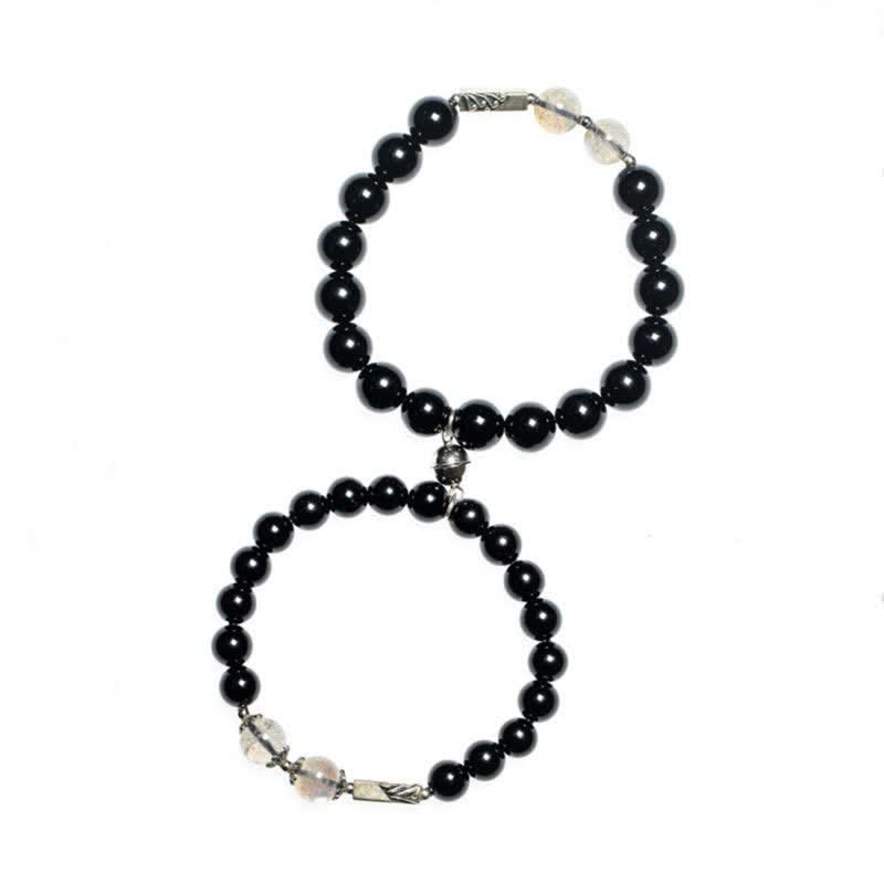 925 Sterling Silver Black Obsidian and Moonstone Beaded Couple Bracelet Set