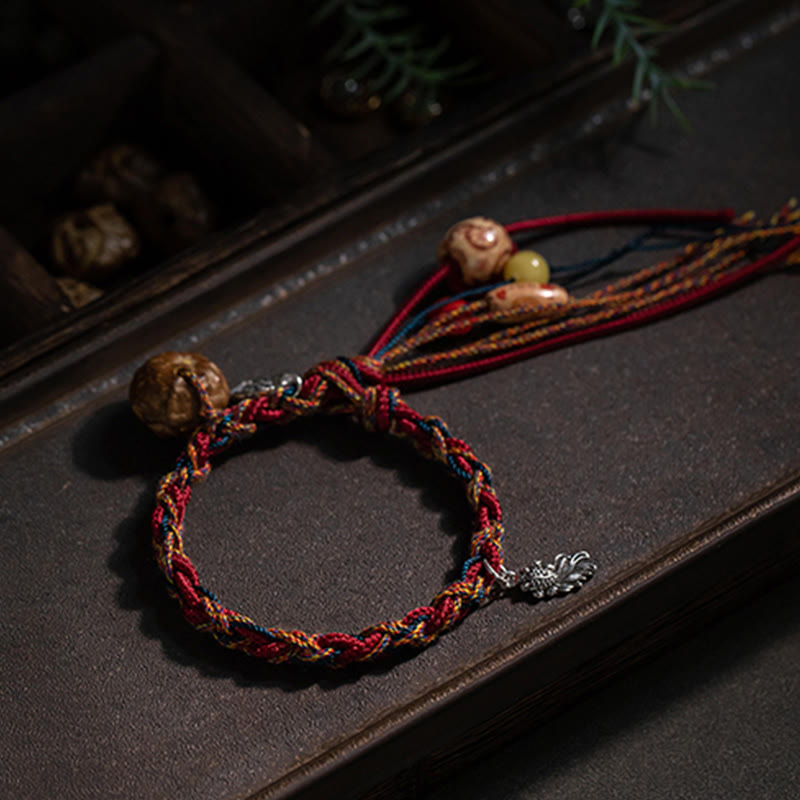 Tibetan Handmade Red String Bracelet with 925 Sterling Silver Koi Fish & Auspicious Clouds