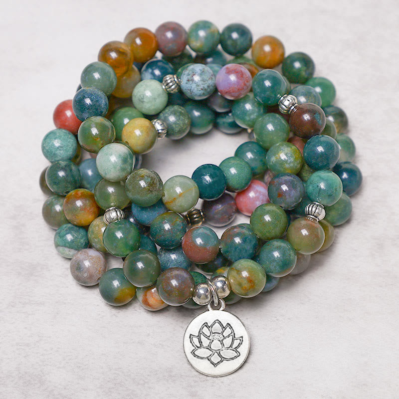 108 Mala Beads Indian Agate Lotus OM Buddha Tree of life Positive Calm Bracelet