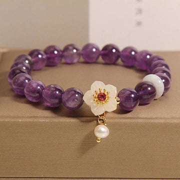Natural Amethyst, White Agate & Pearl Charm Balance Bracelet (14-17cm)