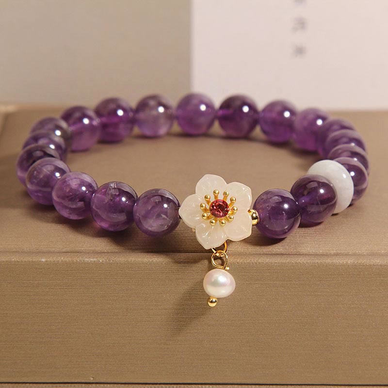 Natural Amethyst, White Agate & Pearl Charm Balance Bracelet (14-17cm)