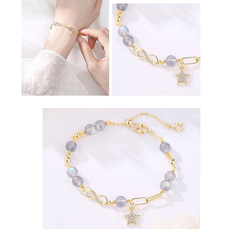 14K Gold Plated Möbius Loop Star Natural Moonstone or Strawberry Quartz Bracelet