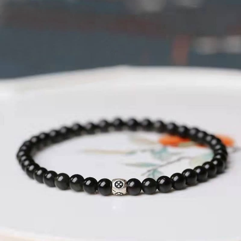 Minimalist Natural Black Obsidian and Smoky Quartz Beaded Energy Bracelet