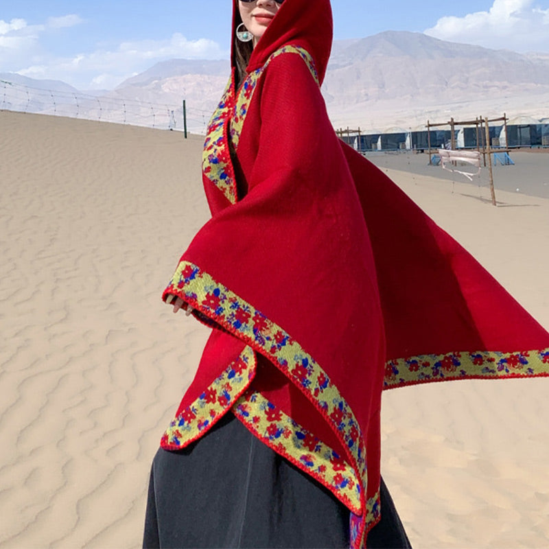 Tibetan Shawl Border Small Floral Flower Hooded Cloak Winter Cozy Travel Scarf Wrap
