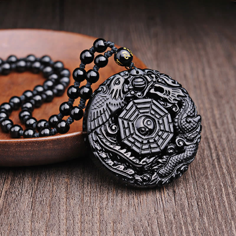 Bagua Dragon Phoenix Obsidian Fulfilment Pendant Necklace
