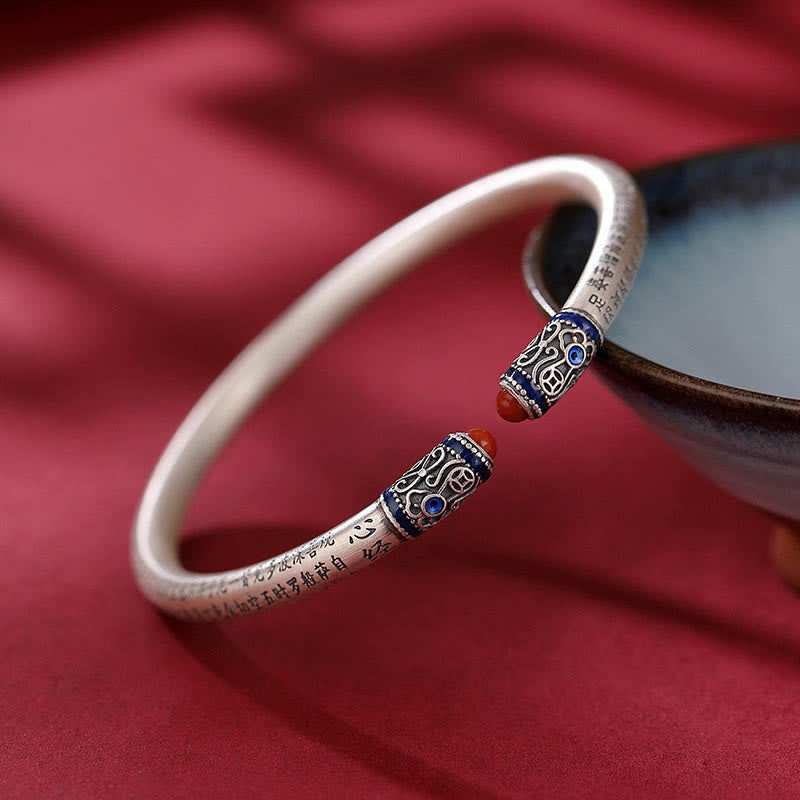 999 Sterling Silver Heart Sutra Engraved Red Agate Protection Bracelet Bangle