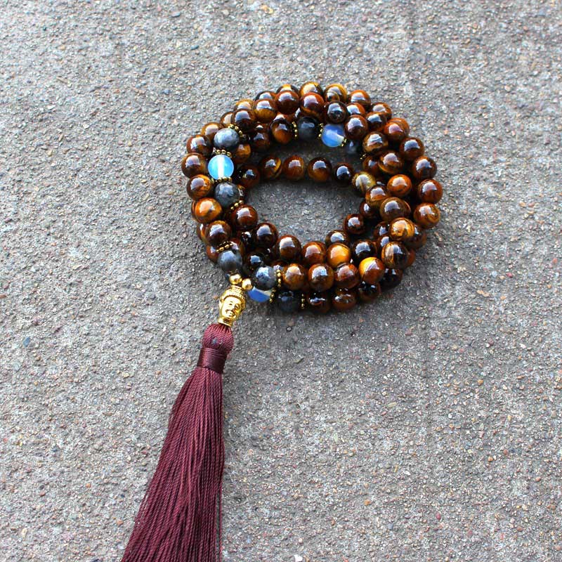 Tibetan Tiger Eye Buddha Strength Power Beaded Tassel Pendant Necklace