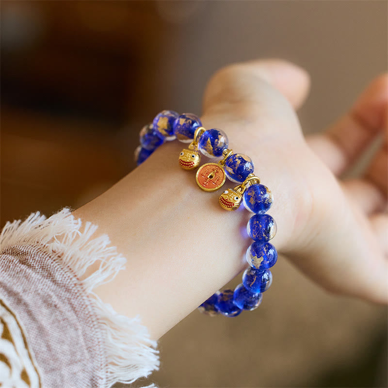 Gold Pixiu and Chinese Coin Liuli Glass Bead Energy Bracelet