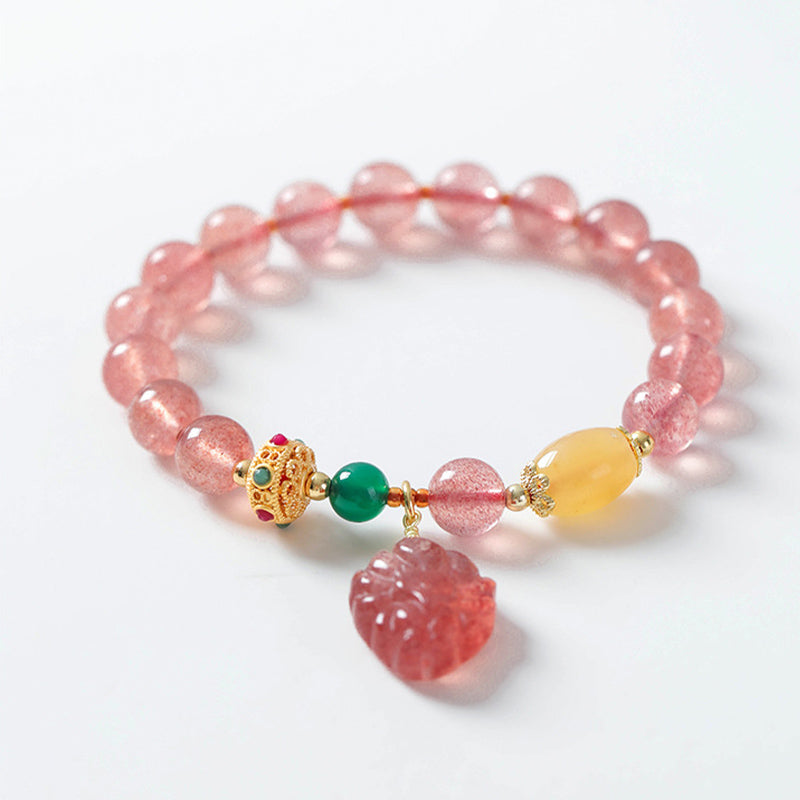 Natural Strawberry Quartz, Green Agate & Golden Silk Jade Nine-Tailed Fox Beaded Bracelet