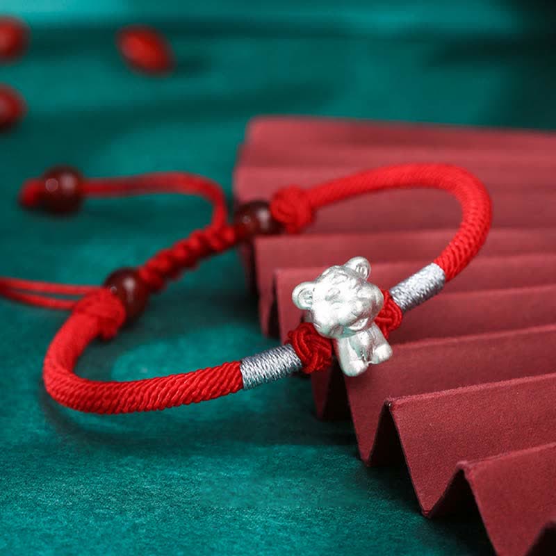 Handcrafted 999 Fine Silver Chinese Zodiac Red String Adjustable Bracelet