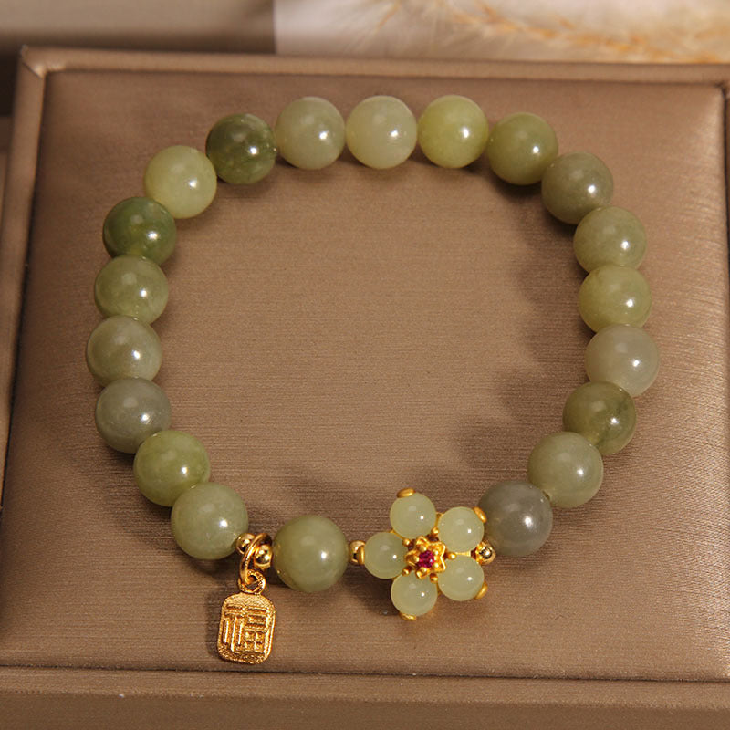 Green Jade Flower Fu Character Charm Luck Bracelet
