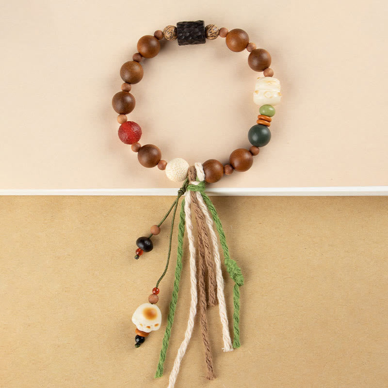 Lightning Struck Wood & Bodhi Seed Cat Paw Tassel Bracelet with Red Agate and Onyx