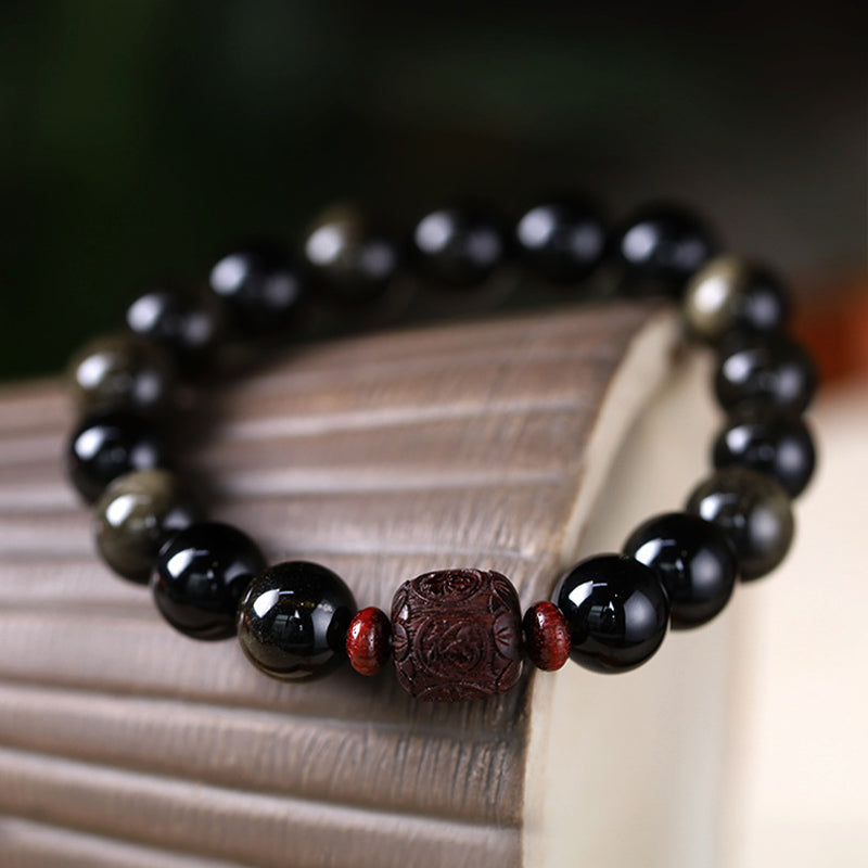 Natural Gold Sheen Obsidian Rainbow Obsidian Om Mani Padme Hum Fu Character Healing Bracelet