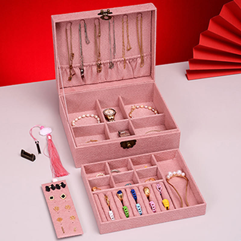 Elegant Two-Layer Flannel Jewelry Box Organizer with Secure Lock