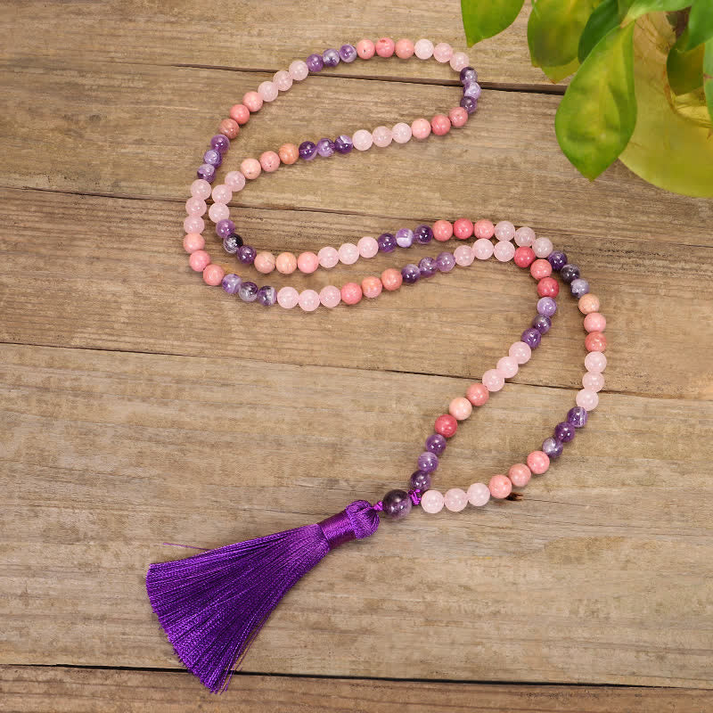 108 Mala Beads Amethyst Rose Quartz Spiritual Healing Tassel Bracelet