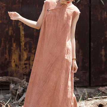 Handmade Tie Dye Midi Dress Linen Sleeveless Dress
