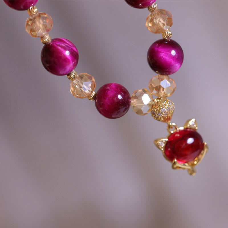 Red Tiger Eye Beaded Bracelet with Carved Pixiu or Fox Totem