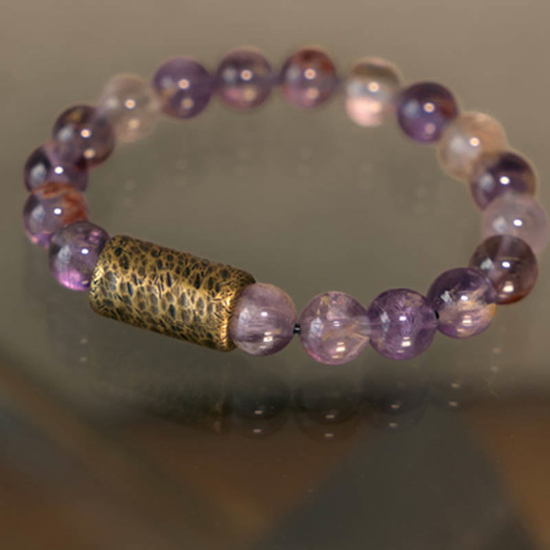 White Crystal Red Hematoid Quartz Gold Rutilated Quartz Purple Phantom Protection Bracelet