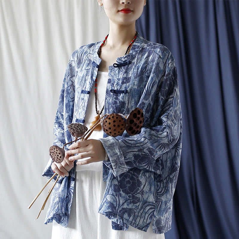 Ramie Linen Floral Stand Collar Meditation Jacket Shirt