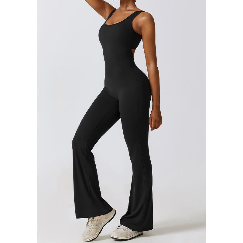 Women Workout Sleeveless Jumpsuit Flare Pants Sports Fitness Yoga Bodysuit