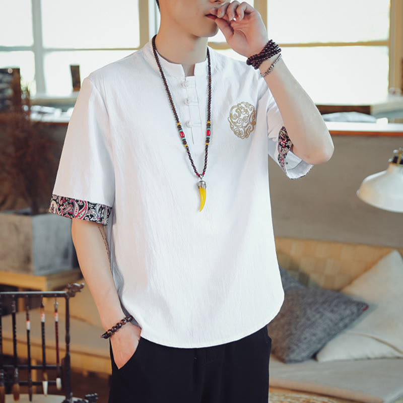 Frog-Button Dragon Embroidery Chinese Tang Suit Short Sleeve Shirt Linen Men Clothing