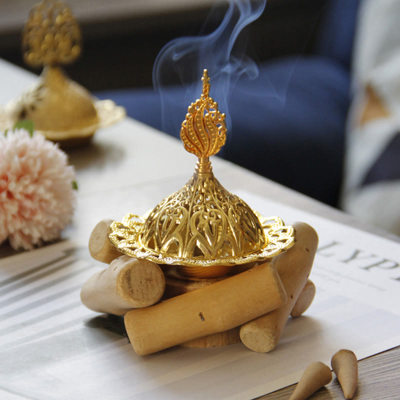 Mini Gold Alloy Buddha Incense Burner with Protective Wooden Coaster