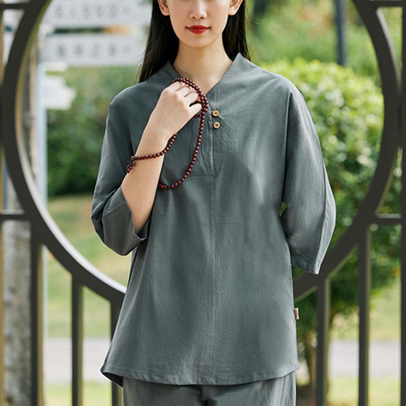 2Pcs Shirt Top Pants Meditation Zen Tai Chi Cotton Linen Clothing Women's Set
