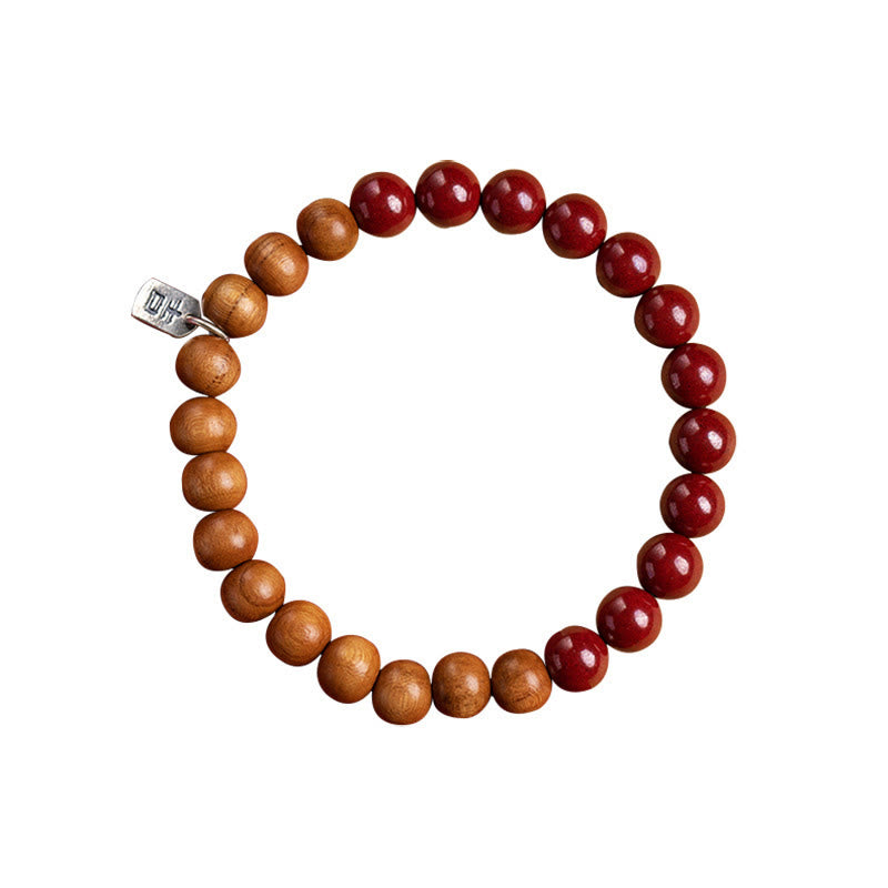 Handmade 925 Sterling Silver Peach Wood and Cinnabar Beaded Stretch Bracelet