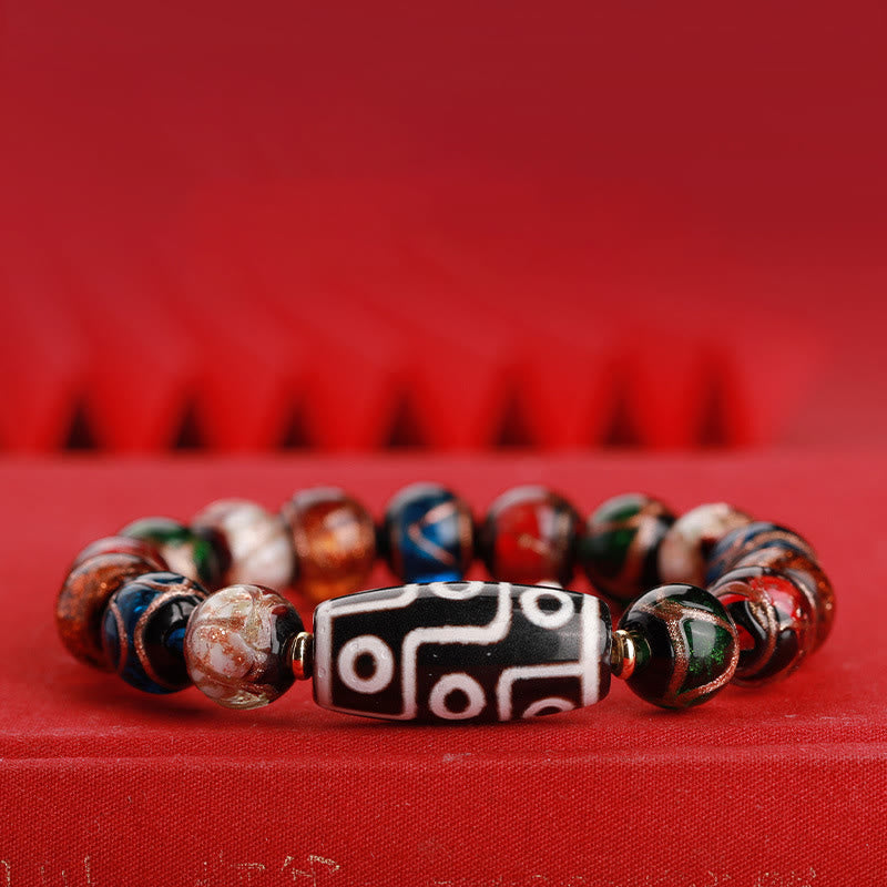 Hand-Finished Tibetan Style Dzi Bead and Vibrant Liuli Glass Beaded Bracelet