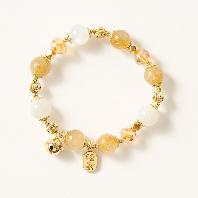 14K Gold Plated Golden Rutilated Quartz Wealth Bell Lucky Fortune Charm Bracelet