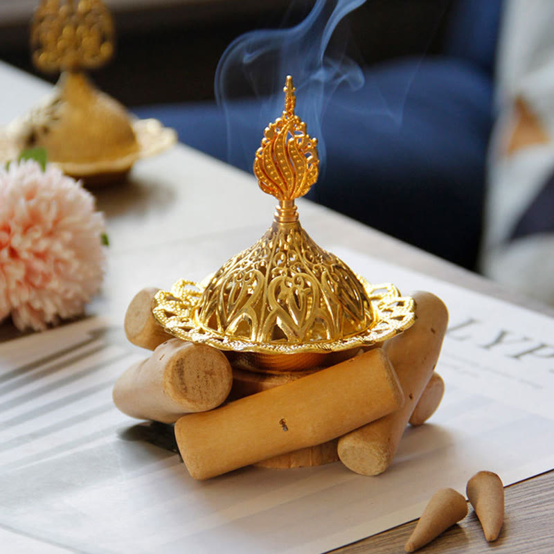 Mini Gold Alloy Buddha Incense Burner with Protective Wooden Coaster