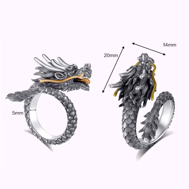 925 Sterling Silver Vintage Dragon Design Protection Strength Adjustable Ring